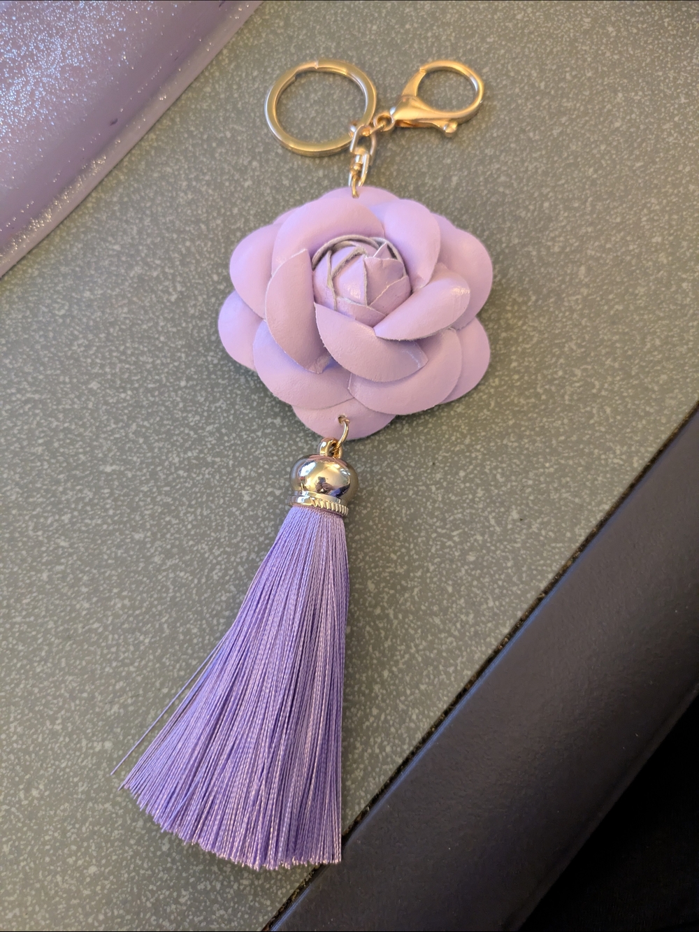 Lavender Camellia Flower keychain/bagcharm with tassel - NEW